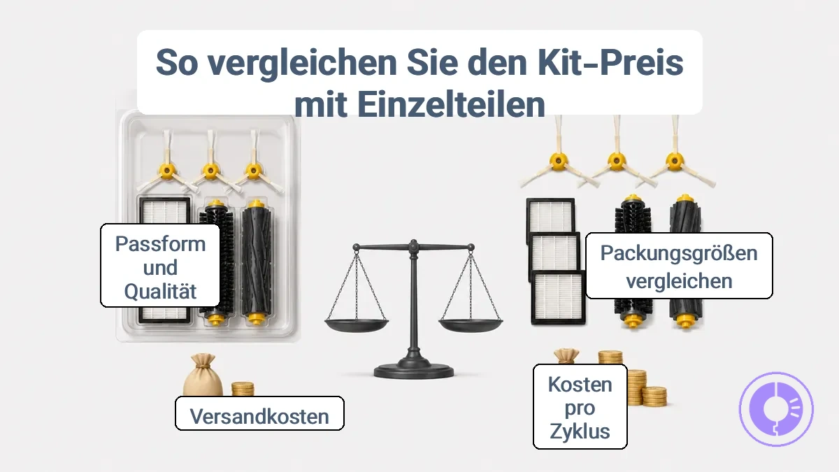 Diagramm, das zeigt, wie man den Preis eines Roomba Teile-Kits mit Einzelteilen anhand von Packungsgröße und Kosten pro Austauschzyklus vergleicht.