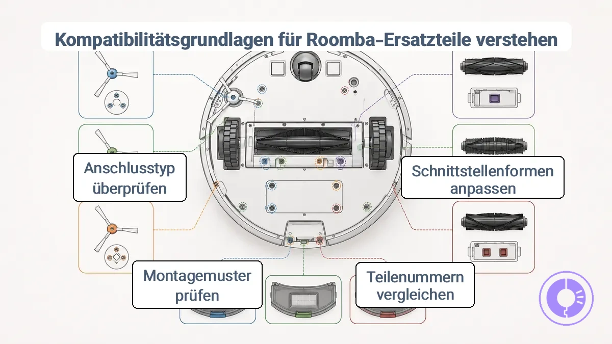Kompatibilitätsdiagramm für Roomba Ersatzteile mit serienspezifischen Befestigungspunkten und Steckertypen