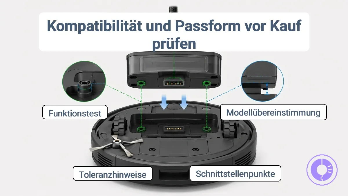 Beschriftete Roomba Teileschnittstelle mit Darstellung von Anschlussausrichtung, Befestigungspunkten und Abstandshinweisen zur Passformüberprüfung.