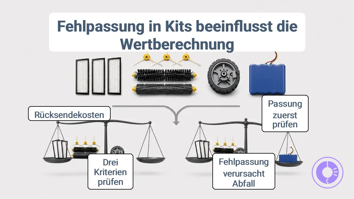 Diagramm, das zeigt, wie das Kompatibilitätsrisiko bei Roomba Teile-Kits Einsparungen in Abfall verwandeln kann, wenn die Teilversion nicht zum Modell passt.