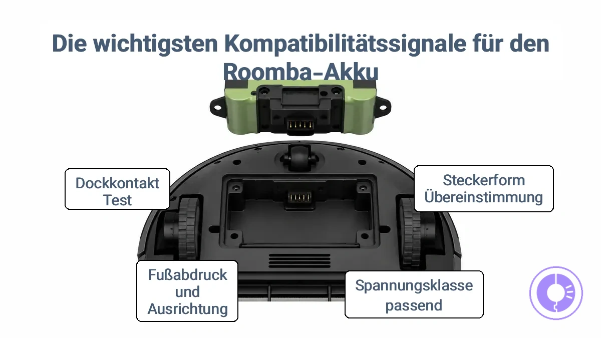 Ausrichtung von Anschluss und Akkufach zur Passformprüfung des Roomba Ersatzakkus