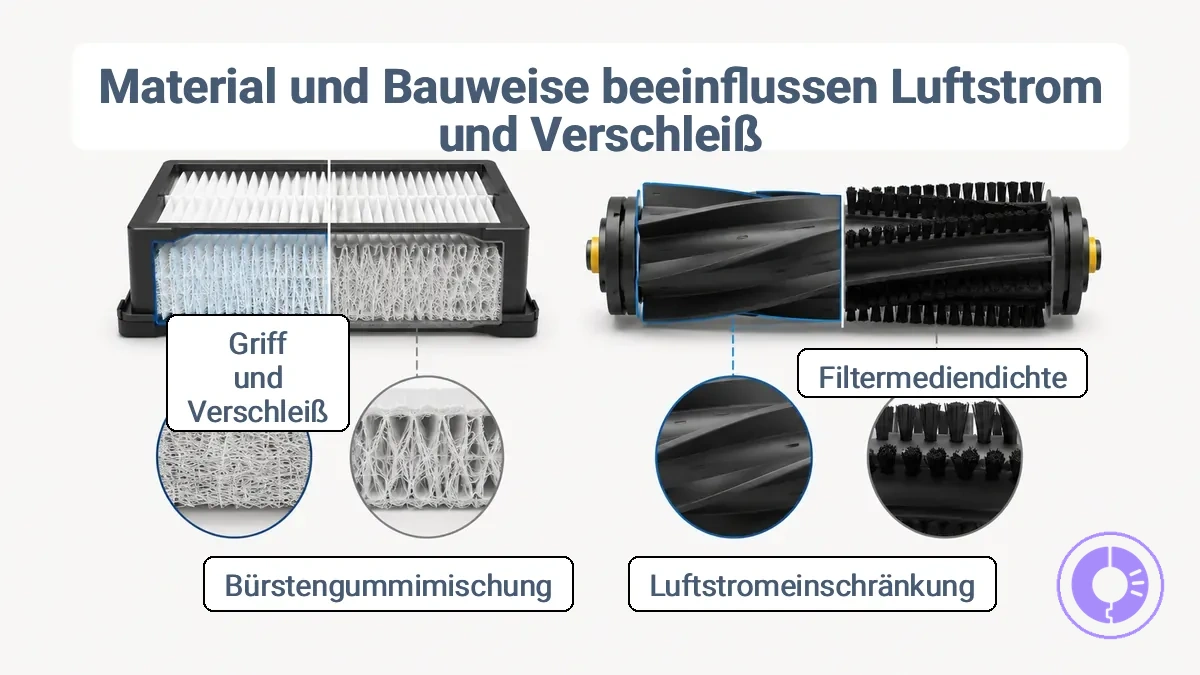 Vergleich der Filtermaterialdichte und des Gummimaterials der Bürstenwalze, die Luftstrom und Kontakt in einem Roomba beeinflussen.