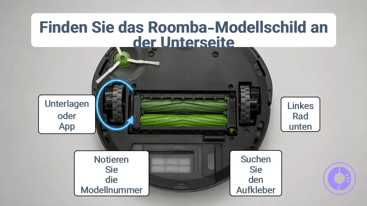 Unterseite des Roomba mit Modellschild in der Nähe des linken Rads und einem Hinweis auf den Aufkleberbereich.