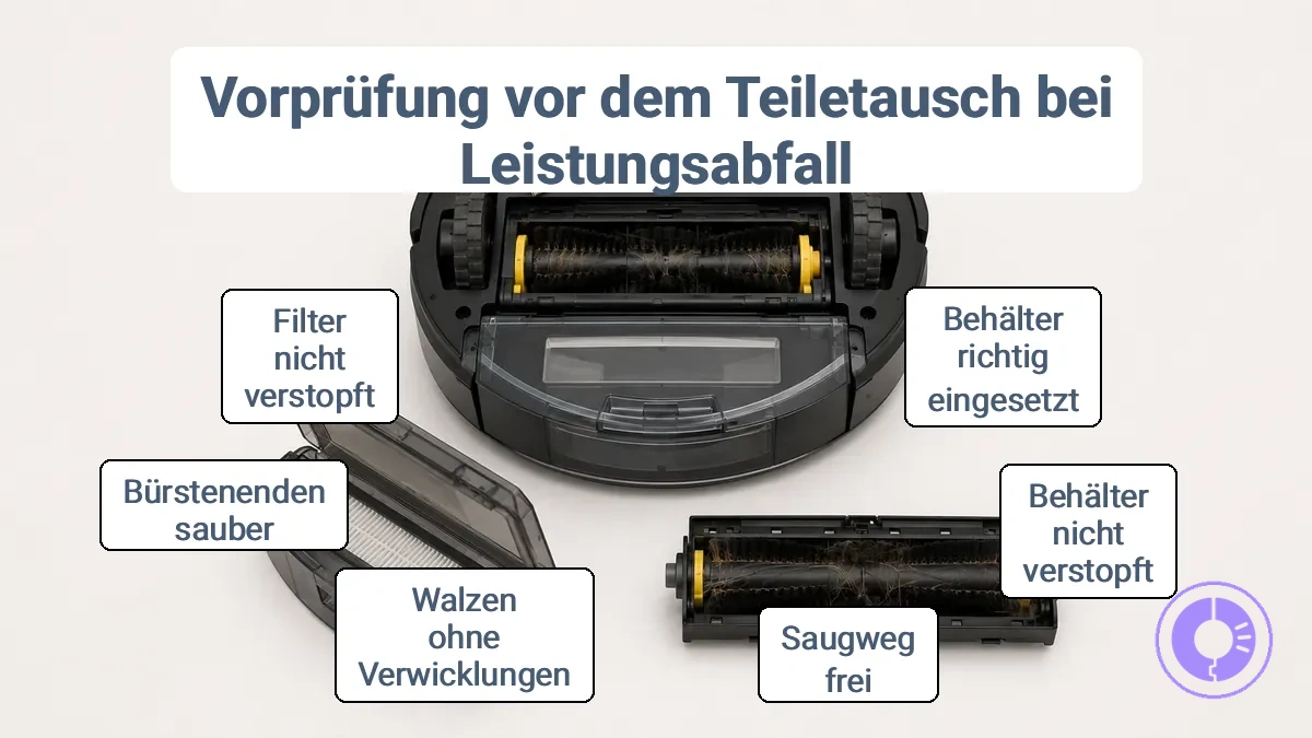 Beschriftetes Diagramm, das einen korrekt eingesetzten Behälter, eine sichtbare Verstopfung im Saugweg und einen Walzenbereich mit Bürstenverwicklungen zeigt, mit einfachen Beschriftungen für jeden Prüfpunkt.
