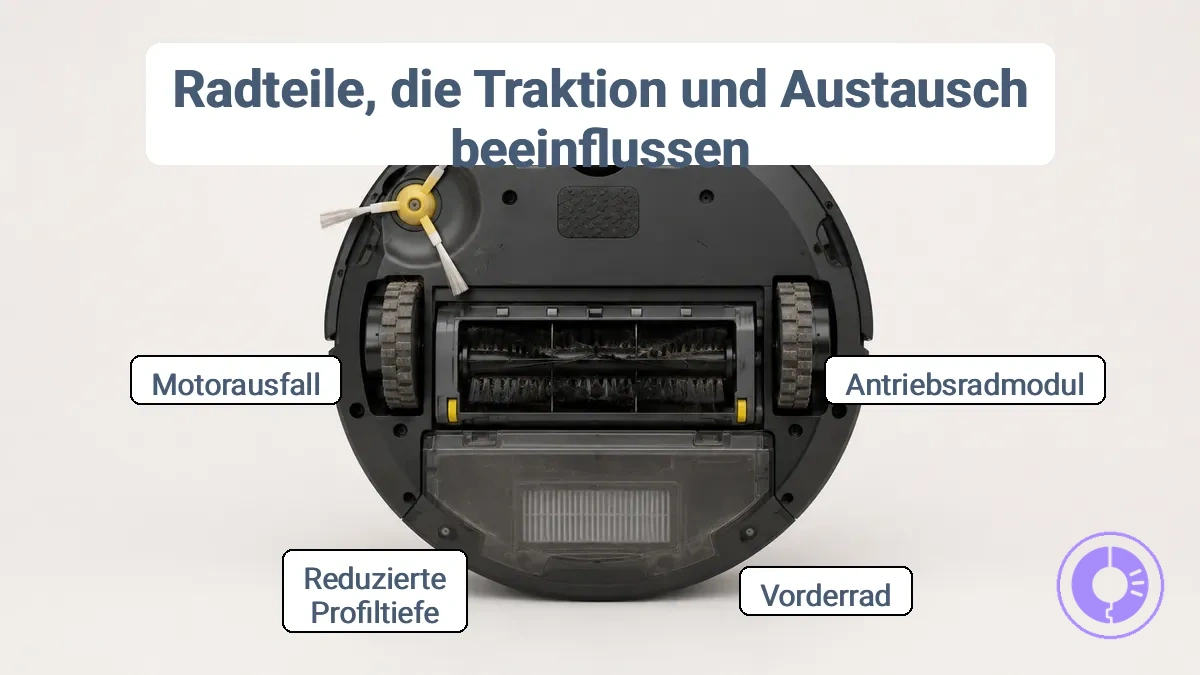 Diagramm mit Kennzeichnung von Antriebsradmodul und vorderem Stützrad an einem Roomba