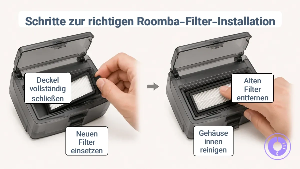Schritt-für-Schritt-Ansicht zum Entfernen und bündigen Einsetzen eines Roomba Ersatzfilters für eine dichte Abdichtung.