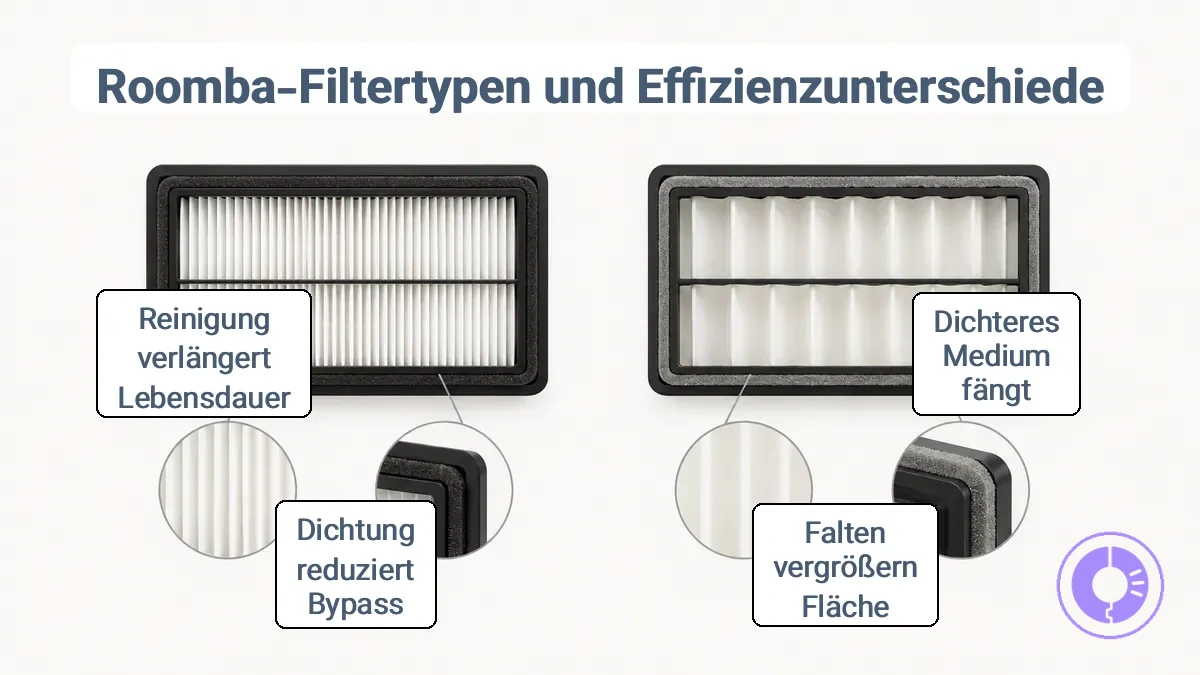 Vergleich von Roomba Ersatzfilter-Typen mit Darstellung der Mediendichte, Faltenzahl und Rahmenabdichtungskante.
