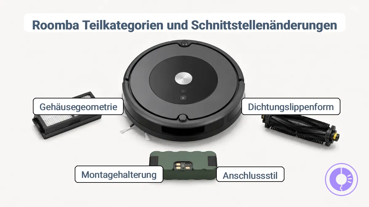 Roomba Ersatzteil-Kategorien: verschiedene Filter-, Bürsten- und Akku-Schnittstellen