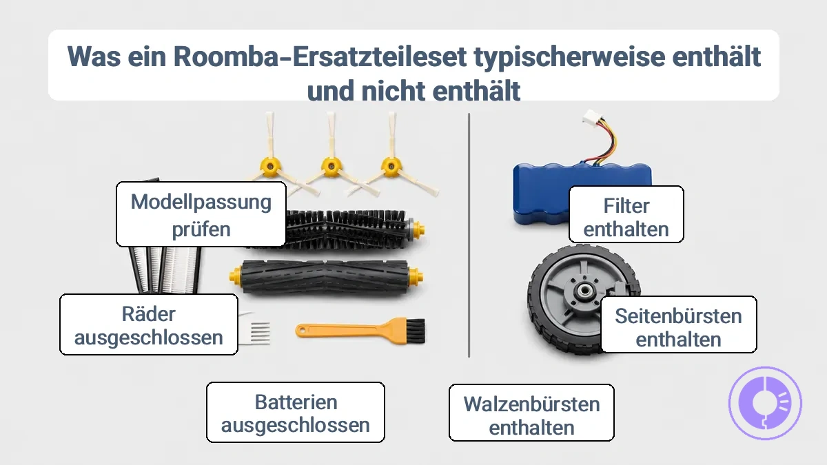 Annotiertes Beispiel typischer Roomba Ersatzteile, die in einem Kit enthalten sind, und Hinweise auf Teile, die möglicherweise fehlen.