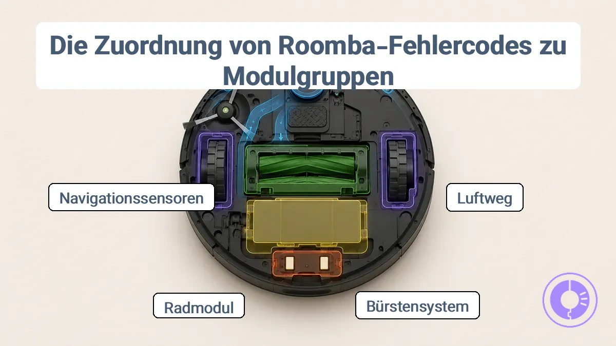 Beschriftetes Roomba-Diagramm, das austauschbare Module benennt, die mit häufigen Fehlersignalen verknüpft sind.