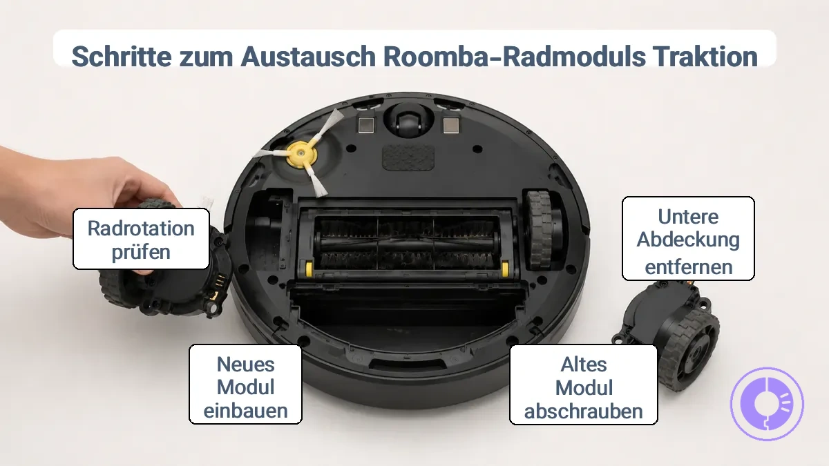 Unterseite eines Roomba mit Radmodulgehäuse und Zugangspunkten