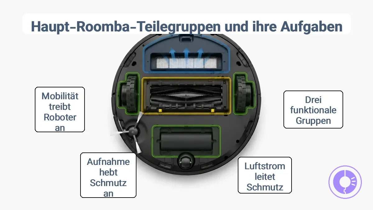 Roomba-Teile gruppiert nach Luftstrom, Aufnahme und Mobilität oder Energie