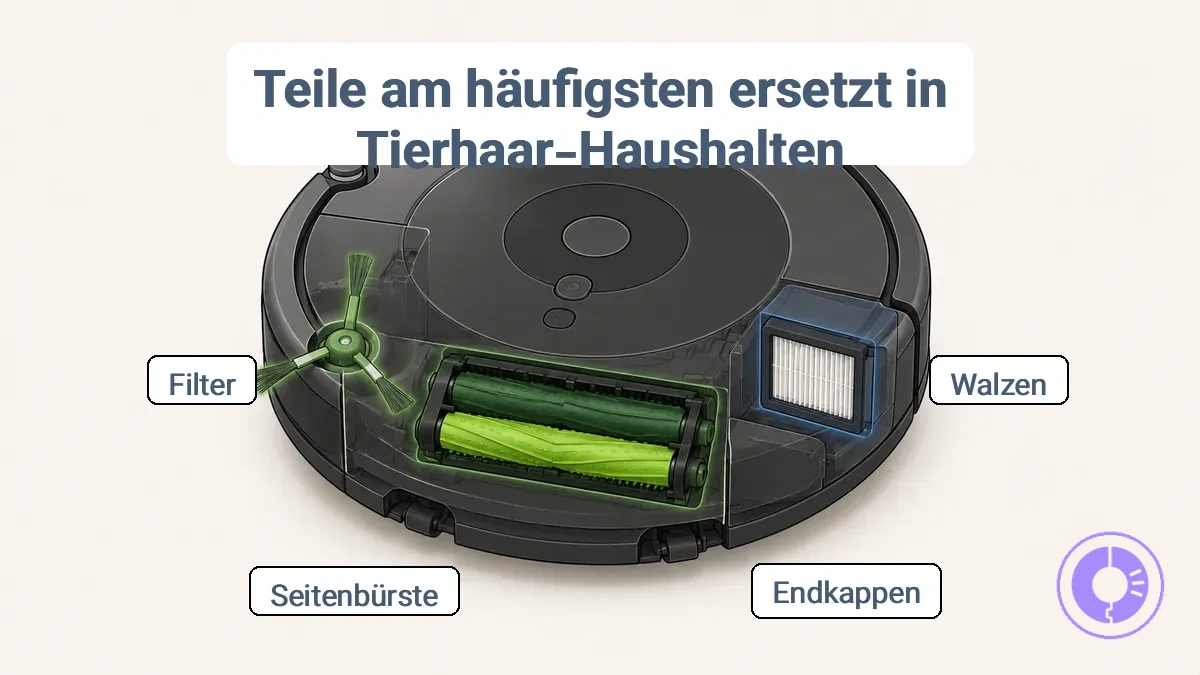 Beschriftete Grafik mit Roomba-Walzen, Seitenbürste und Filterposition für die Wartung bei Tierhaaren