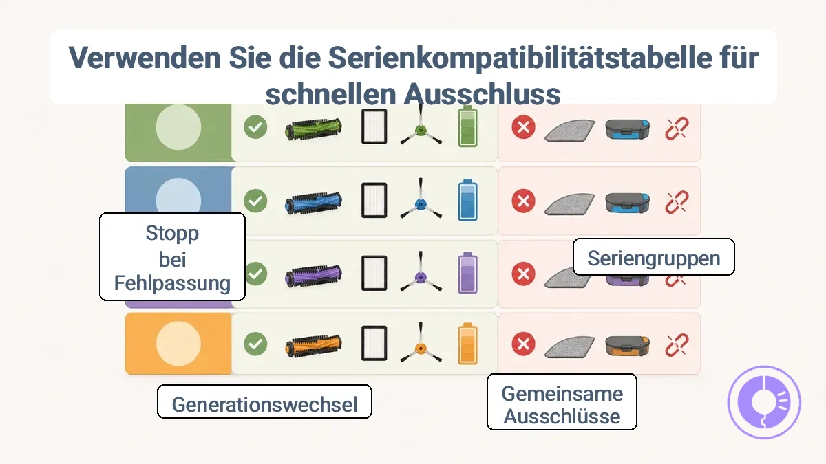 Kompatibilitätstabelle auf Serienebene für Roomba Ersatzteile mit Seriengruppen und typischen Ausschlüssen