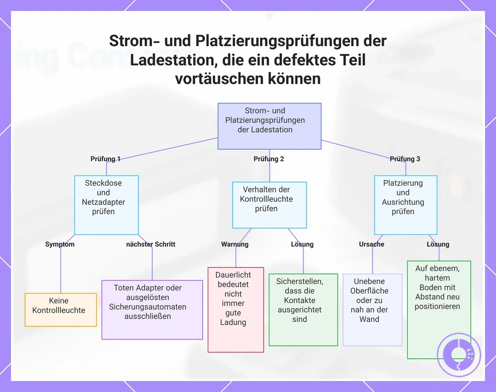 Strom- und Platzierungsprüfungen der Ladestation, die ein defektes Teil vortäuschen können