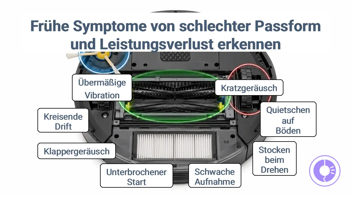 Beschrifteter Roomba mit Darstellung der Stellen, an denen frühe Symptome nach der Installation auf Passform- oder Abstandsprobleme hinweisen.