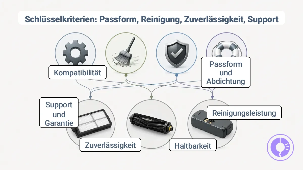 Diagramm, das Passform, Reinigungsleistung, Haltbarkeit, Zuverlässigkeit und Support mit den Kategorien Filter, Bürste/Rolle und Akku verknüpft