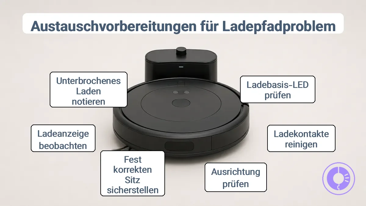 Roomba korrekt auf der Home Base positioniert, Ladekontakte ausgerichtet.