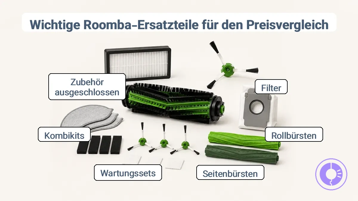 Beschriftetes Bild der Roomba Ersatzteilkategorien für Preisvergleiche.