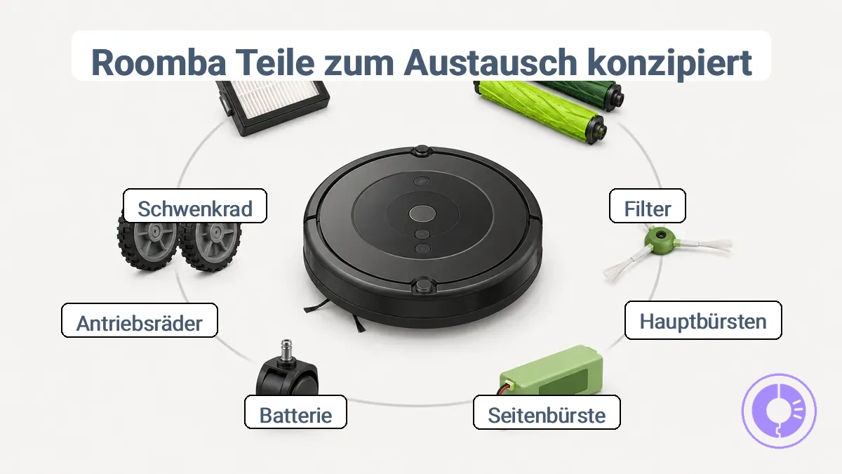 Abbildung mit gängigen Roomba-Ersatzteilen wie Filter, Bürsten, Seitenbürste, Räder und Akku, beschriftet nach Position
