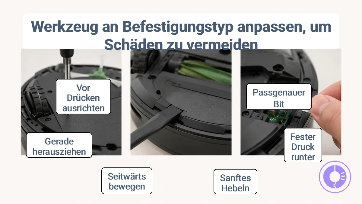 Kommentiertes Foto mit Beispielen für Roomba-Befestigungen, Clips und Steckverbinder zur Vermeidung von Ausreißen oder Bruch