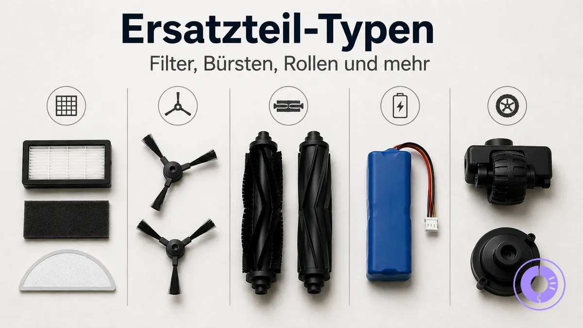 Verschiedene Roomba Ersatzteil-Typen nebeneinander, um Kategorien zu vergleichen
