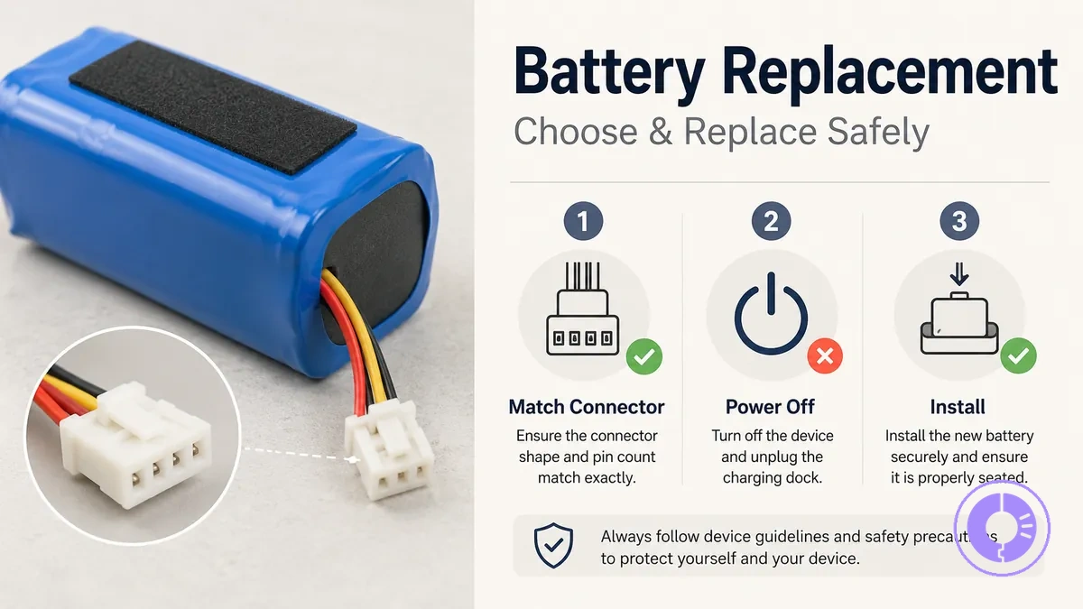 Roomba replacement battery pack with connector detail for safe matching and installation