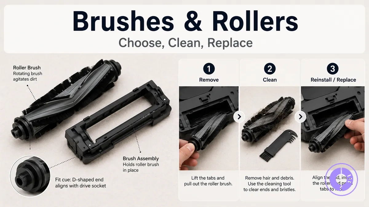 Roomba roller brush and brush assembly shown with cleaning and replacement steps