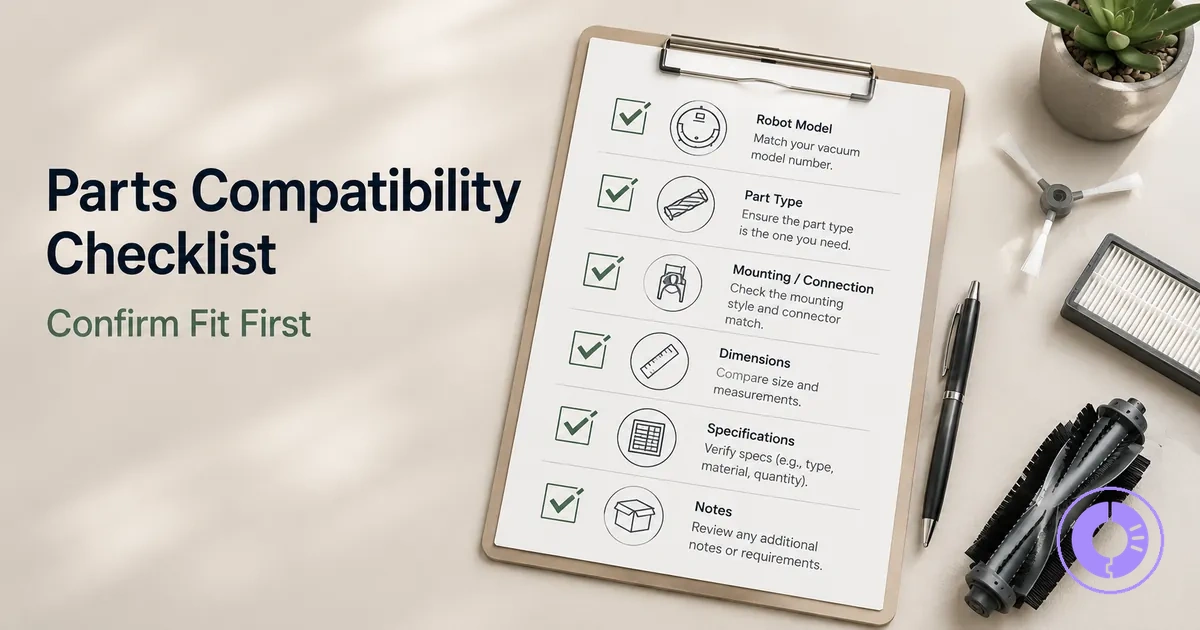 Checklist-style view for confirming Roomba replacement parts compatibility before ordering