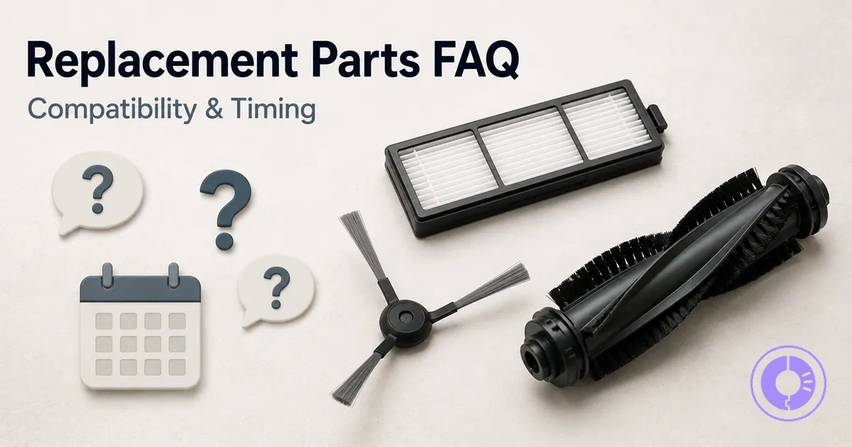 Roomba replacement parts shown with common questions about compatibility and replacement timing