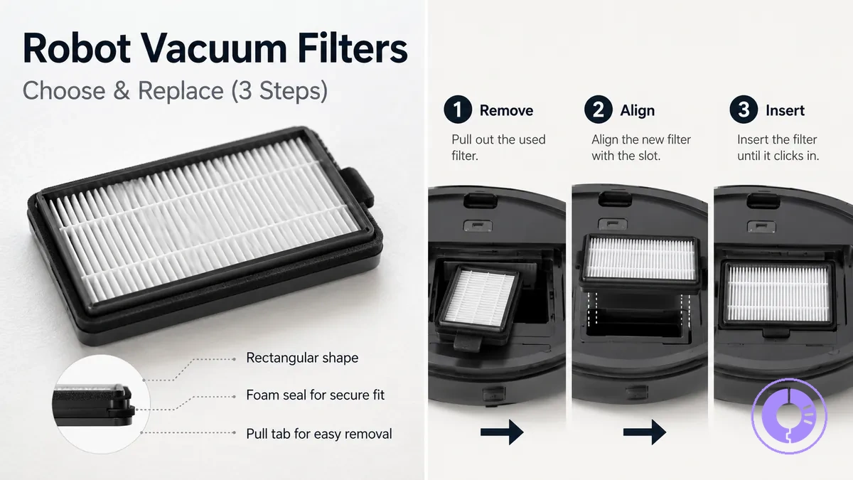 Roomba replacement filter shown by shape with steps for removal and installation