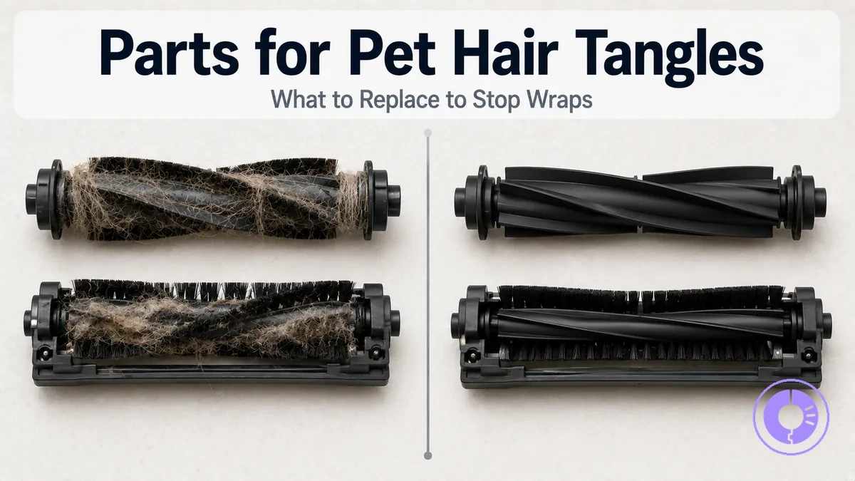 Roomba brush and roller replacement parts shown with pet hair buildup to illustrate tangle issues