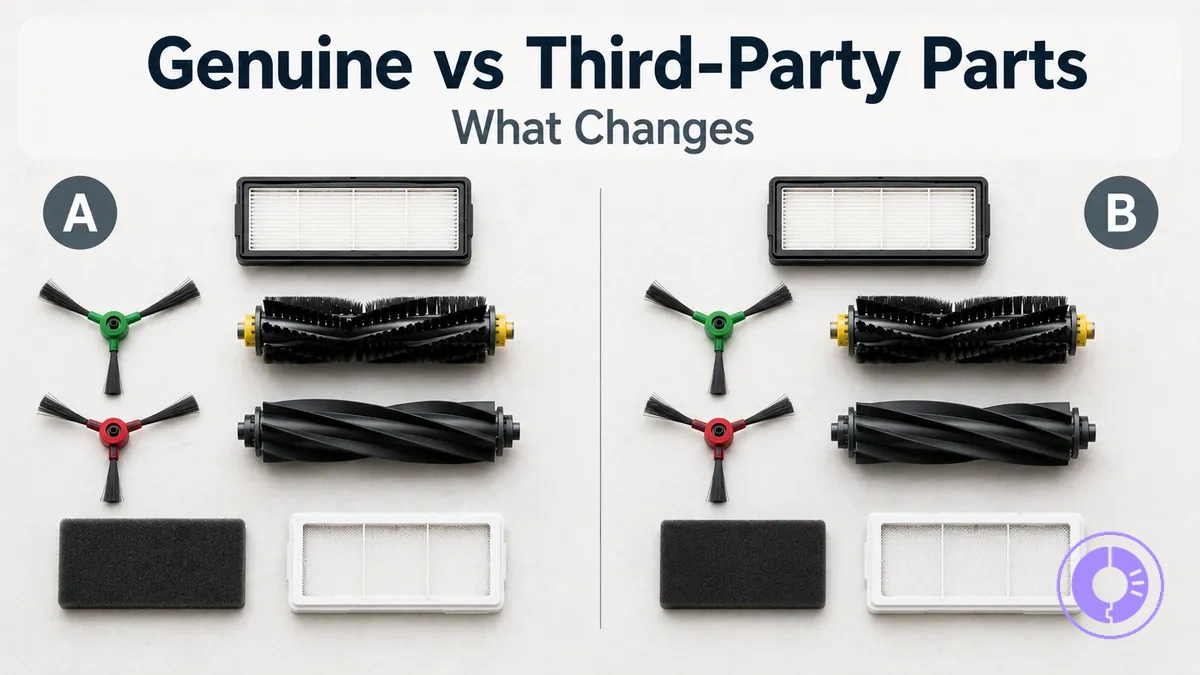 Two Roomba replacement parts sets shown side by side for a genuine vs third-party comparison