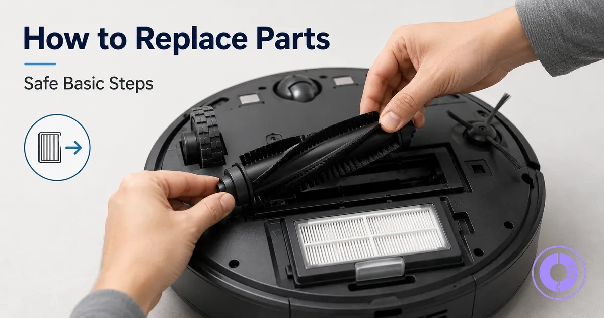 Hands replacing common Roomba replacement parts during basic maintenance