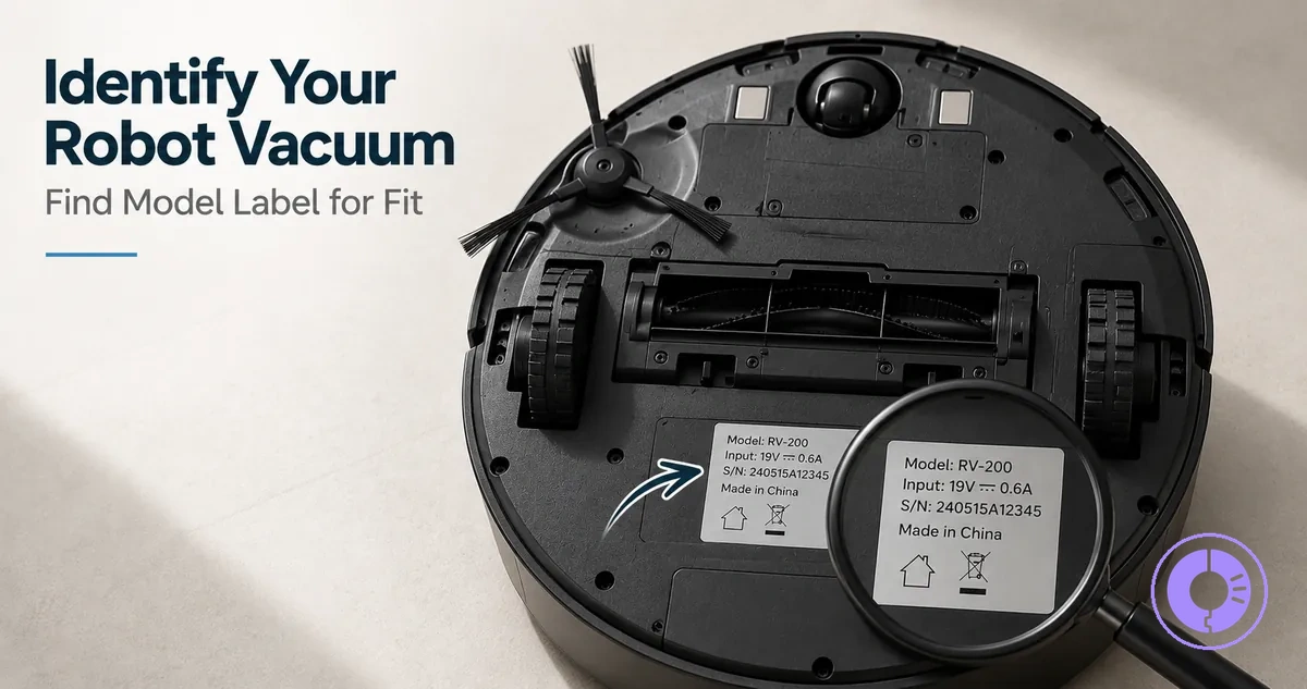 Roomba label and underside view used to identify the correct replacement parts