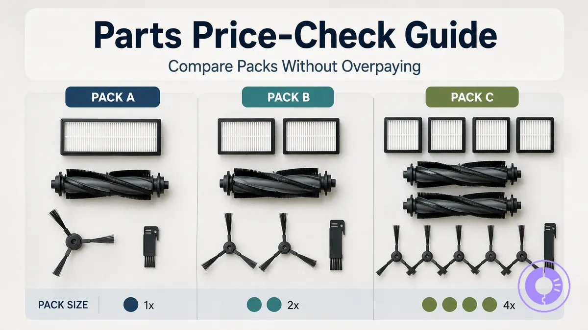 Comparison view of Roomba replacement parts packs showing pack size and included items