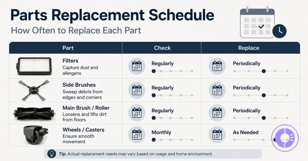 Replacement schedule chart for common Roomba replacement parts like filters and brushes