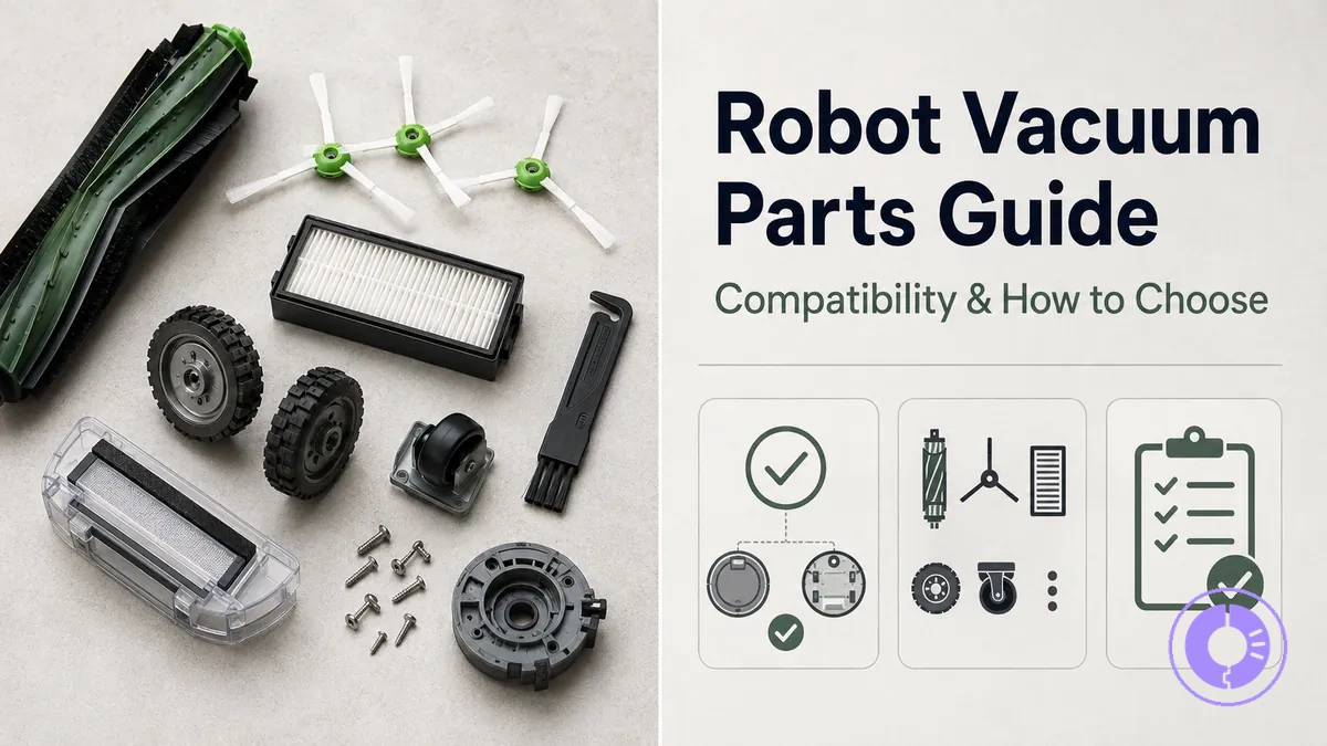 Assorted Roomba replacement parts shown together for identification and choosing
