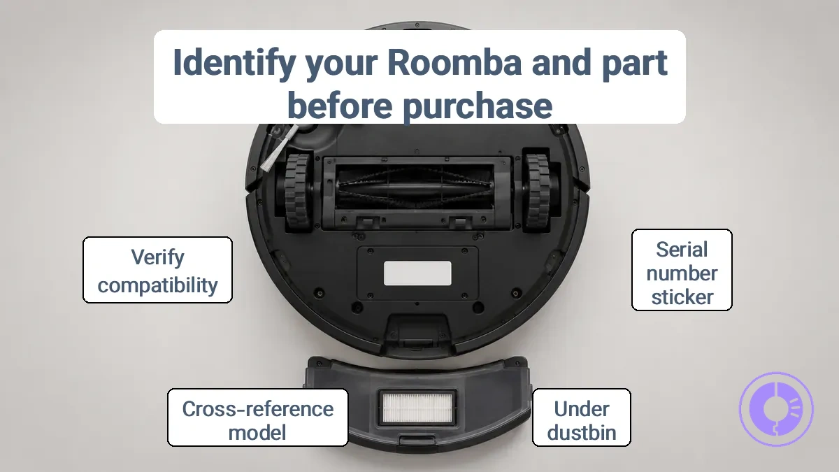 Serial number sticker location under the dustbin of a Roomba vacuum