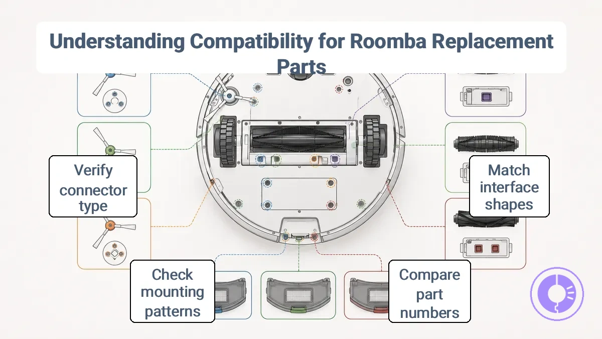 Roomba replacement parts compatibility diagram showing series-specific mounting points and connector types
