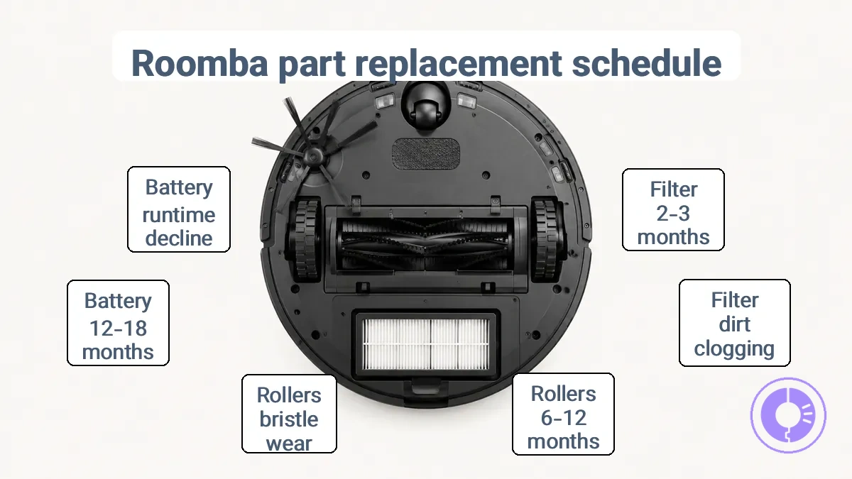 Labeled Roomba parts referenced in a replacement schedule (filter, rollers, side brush, wheels/caster).