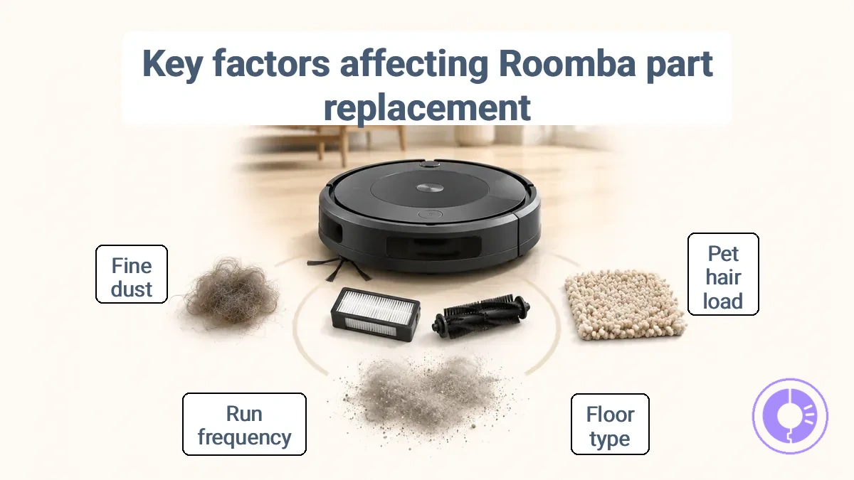 Comparison of home conditions that change how often Roomba parts need replacement (pets, floors, run frequency).