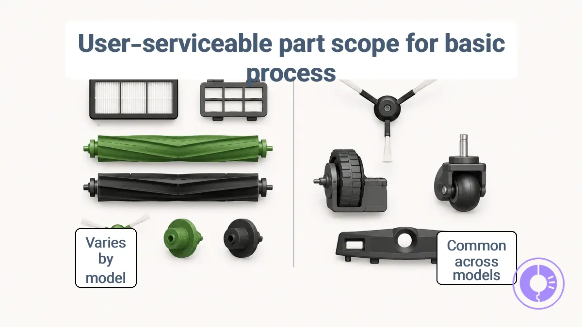 Common user-serviceable Roomba parts with model variation in access steps