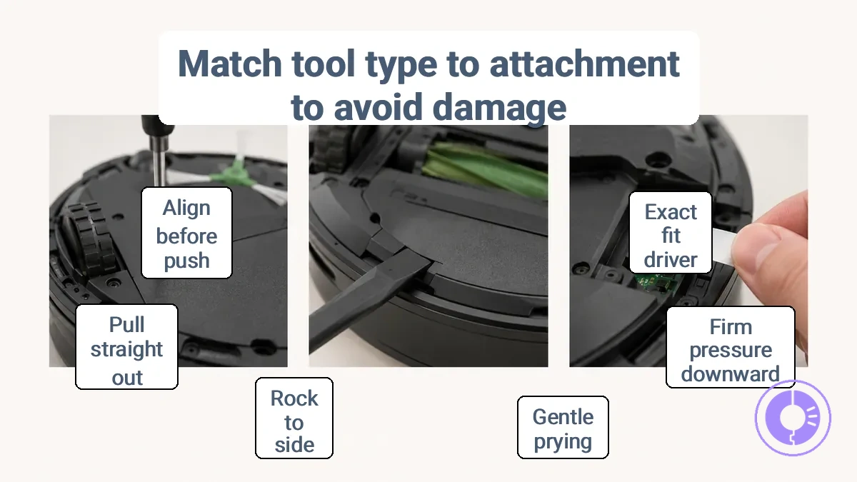Annotated photo showing Roomba fastener, clip, and connector examples to prevent stripping or breakage