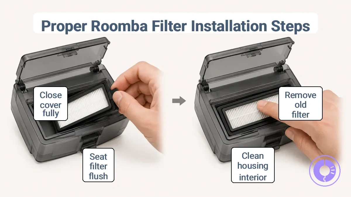 Step-by-step view of removing and seating a Roomba replacement filter flush for a tight seal.