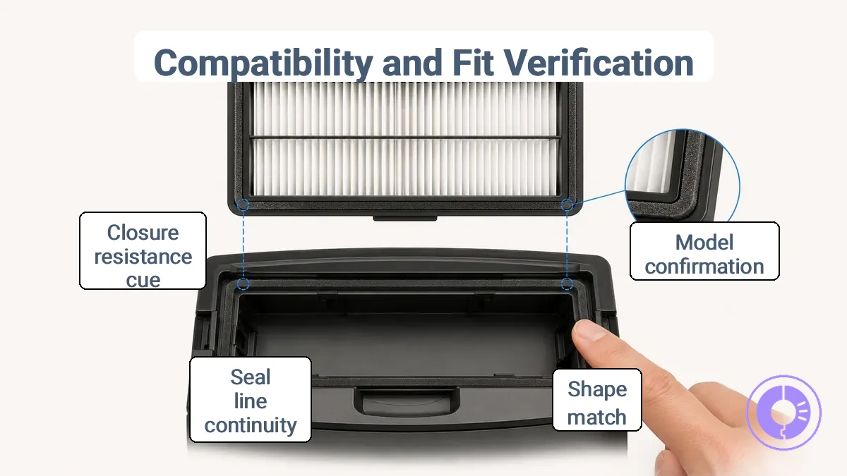 Diagram showing Roomba filter shape match, contact points, and seal alignment in the housing.