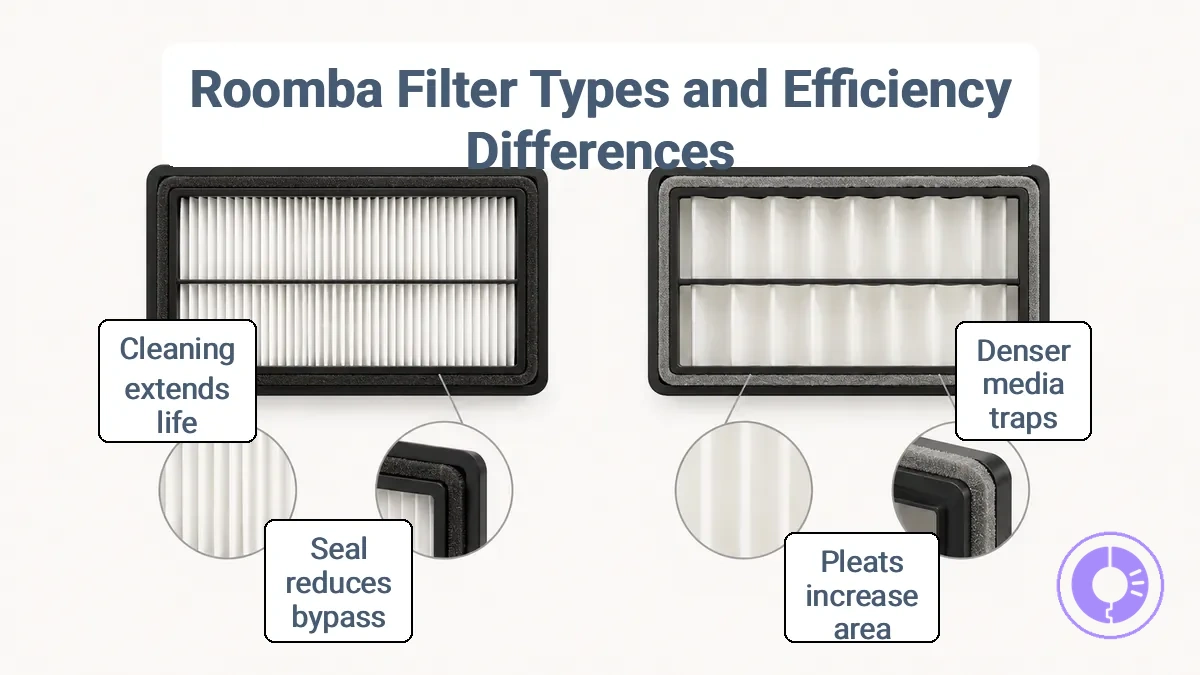 Comparison of Roomba replacement filter types showing media density, pleats, and frame sealing edge.