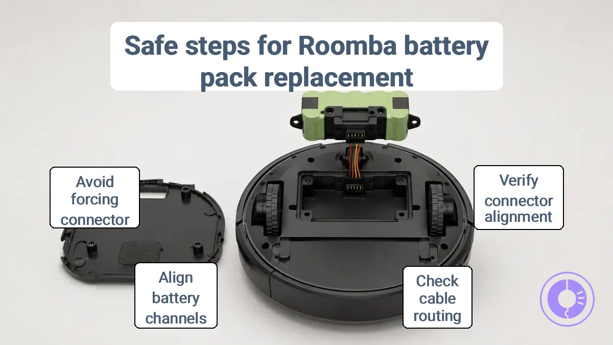 Roomba battery pack with connector and compartment alignment visible for safe removal and installation