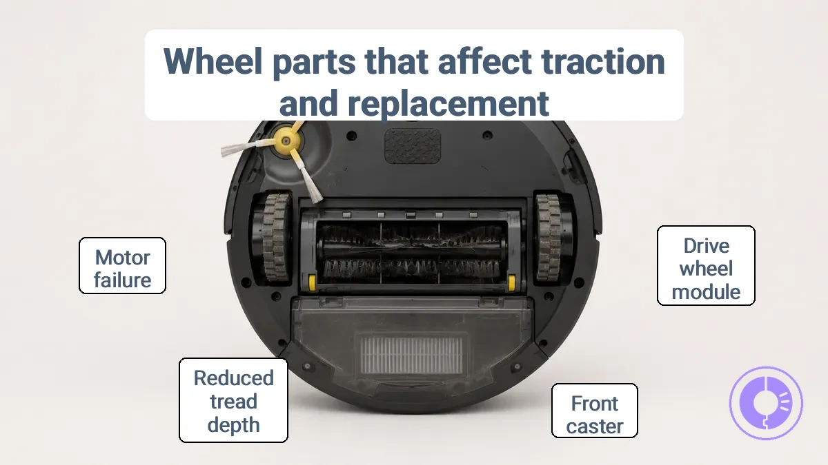 Diagram labeling drive wheel module and front caster on a Roomba