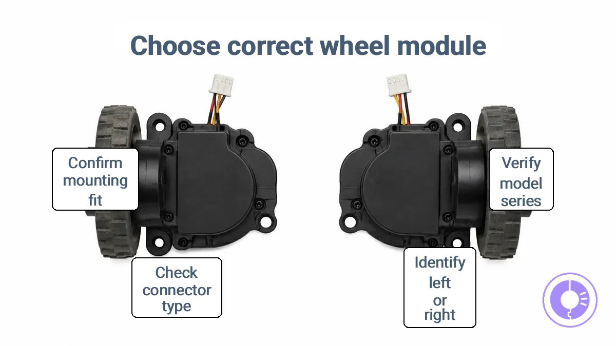 Left and right wheel module orientation and connector placement for Roomba robots.